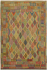 Flat Weave Kilim Antique Navaho Vintage handmade Geometric Kilim Blue Beige Hand-Woven Rectangle 100% Wool Area Rug 7x10 
