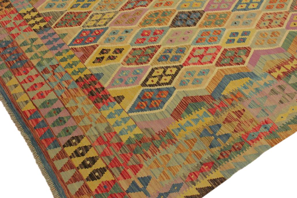 Flat Weave Kilim Antique Navaho Vintage handmade Geometric Kilim Blue Beige Hand-Woven Rectangle 100% Wool Area Rug 7x10 