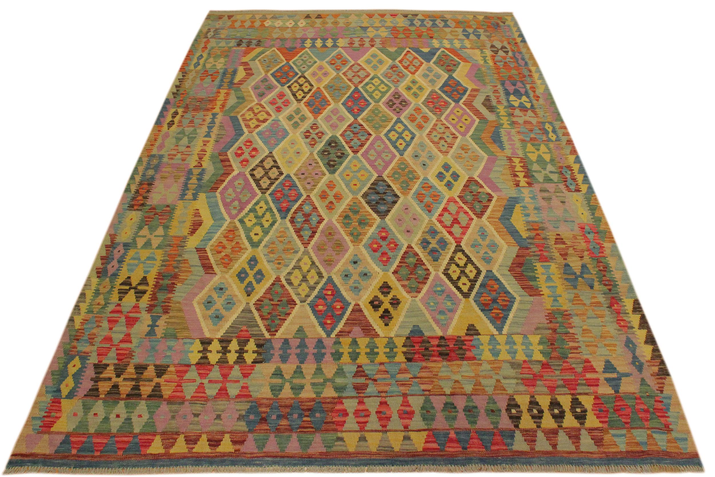 handmade Geometric Kilim Blue Beige Hand-Woven RECTANGLE 100% WOOL area rug 7 x 10