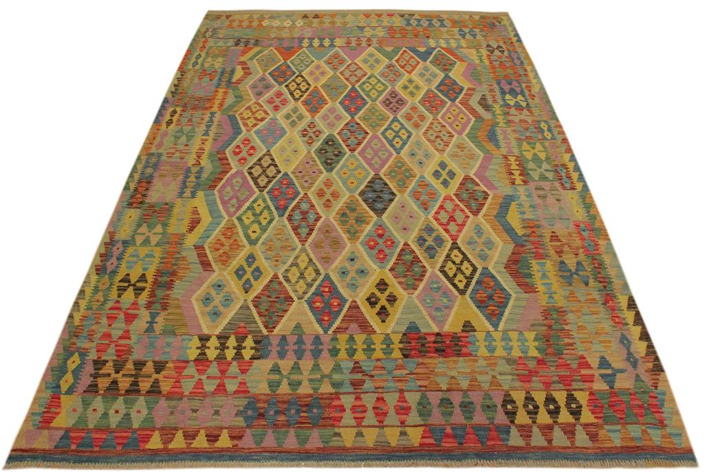 Flat Weave Kilim Antique Navaho Vintage handmade Geometric Kilim Blue Beige Hand-Woven Rectangle 100% Wool Area Rug 7x10 