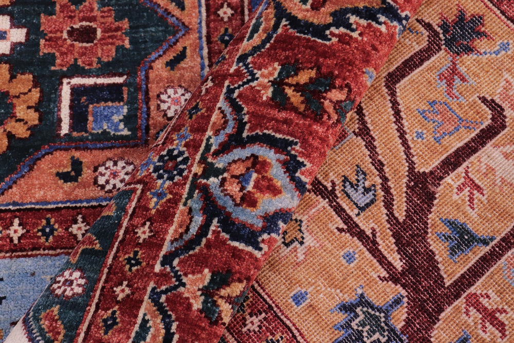 handmade Geometric Kafkaz Rust Blue Hand Knotted RECTANGLE 100% WOOL area rug 9' x 12'