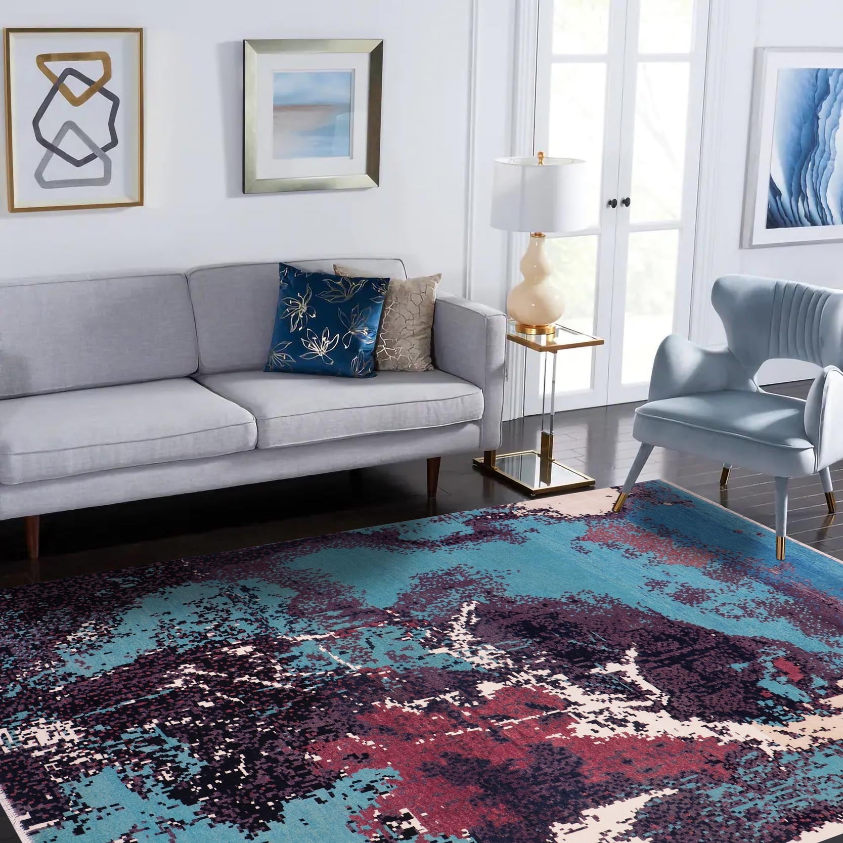 handmade Modern Abstract Lt. Blue Ivory Hand Knotted RECTANGLE WOOL&SILK area rug 8' x 10'