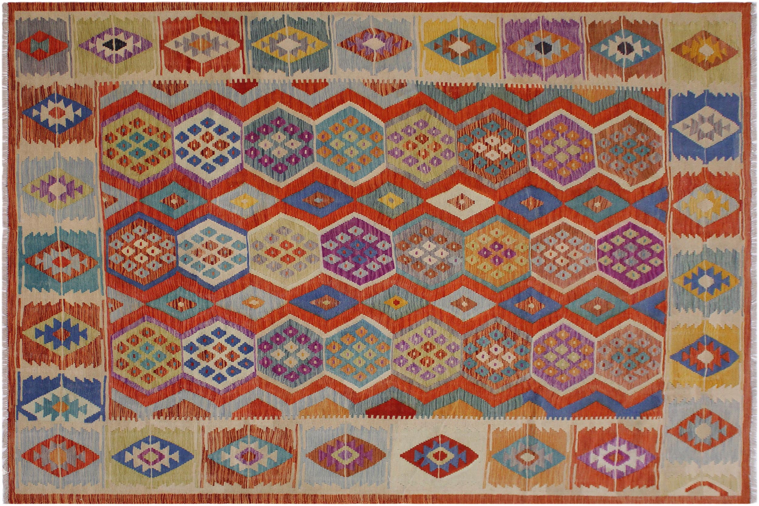 handmade Geometric Kilim Rust Beige Hand-Woven RECTANGLE 100% WOOL area rug 8 x 10