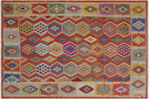 handmade Geometric Kilim Rust Beige Hand-Woven RECTANGLE 100% WOOL area rug 8 x 10