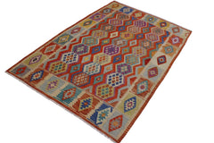 Flat Weave Kilim Antique Navaho Vintage handmade Geometric Kilim Rust Beige Hand-Woven Rectangle 100% Wool Area Rug 8x10 