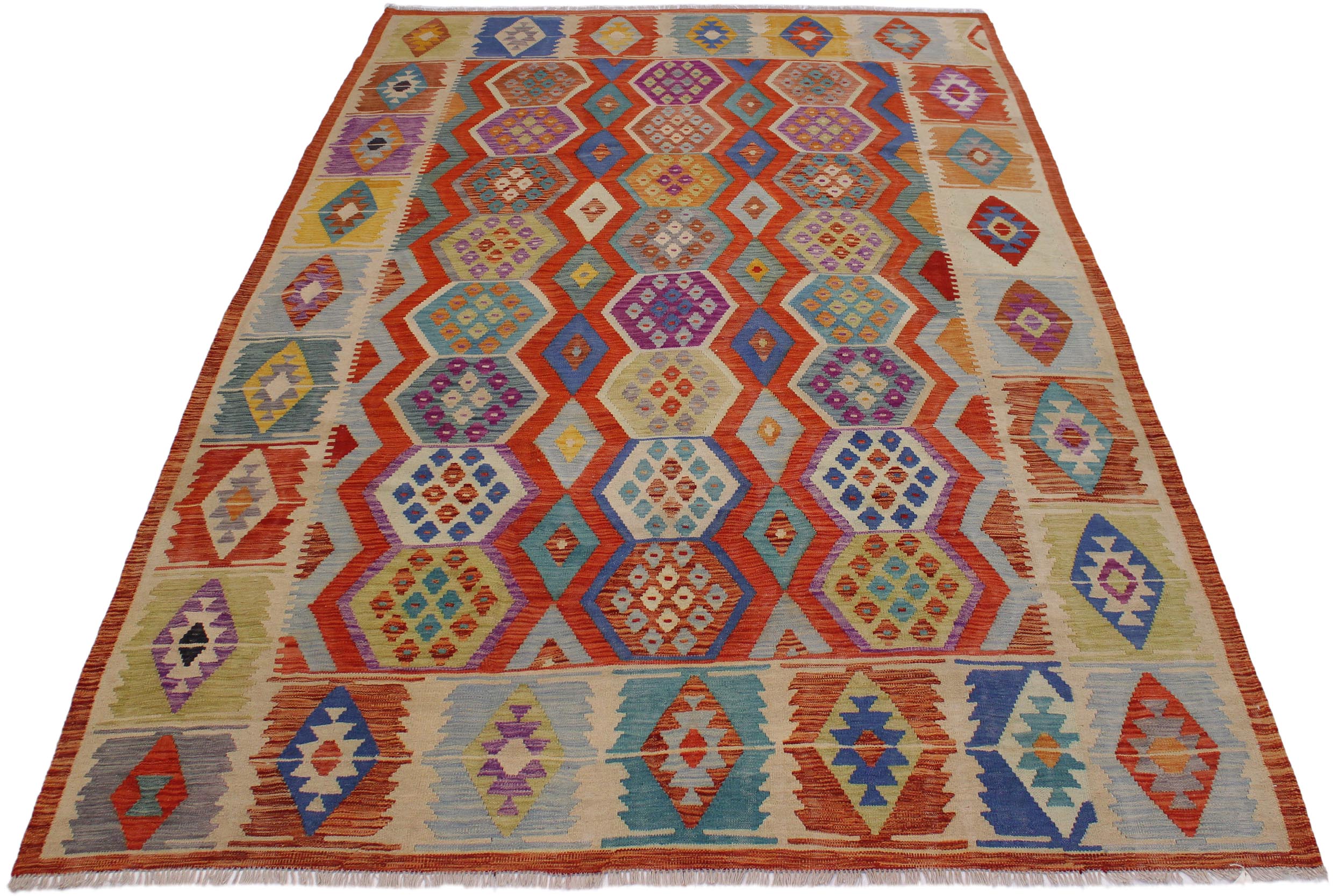 handmade Geometric Kilim Rust Beige Hand-Woven RECTANGLE 100% WOOL area rug 8 x 10