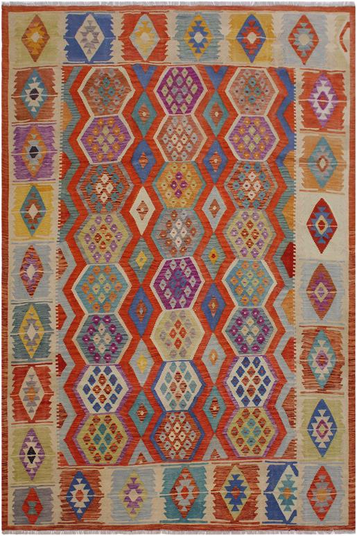 Flat Weave Kilim Antique Navaho Vintage handmade Geometric Kilim Rust Beige Hand-Woven Rectangle 100% Wool Area Rug 8x10 