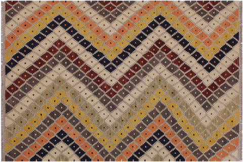 Turkish Eclectic Annika Gray/Beige Hand-Woven Kilim Rug - 5'3'' x 6'10''