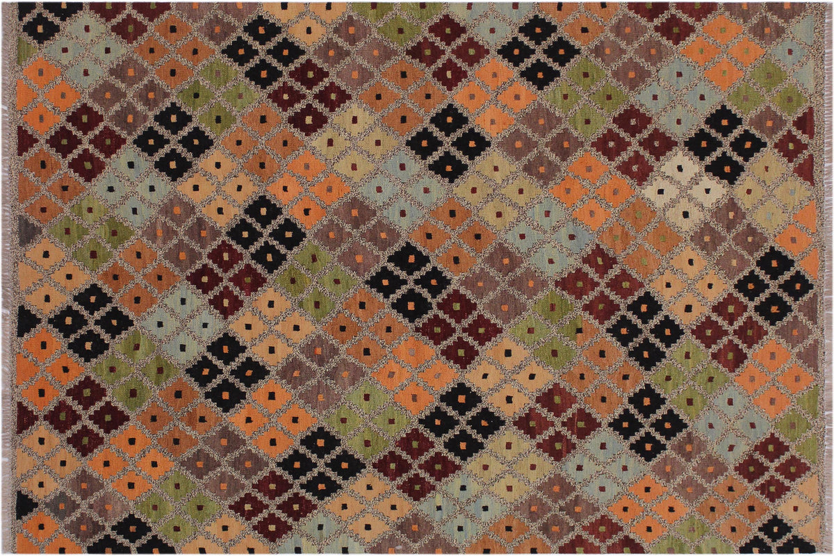 5x6 hand woven Turkish Modern Kilim wool rug in gray and black - Turkish Eclectic Keisha