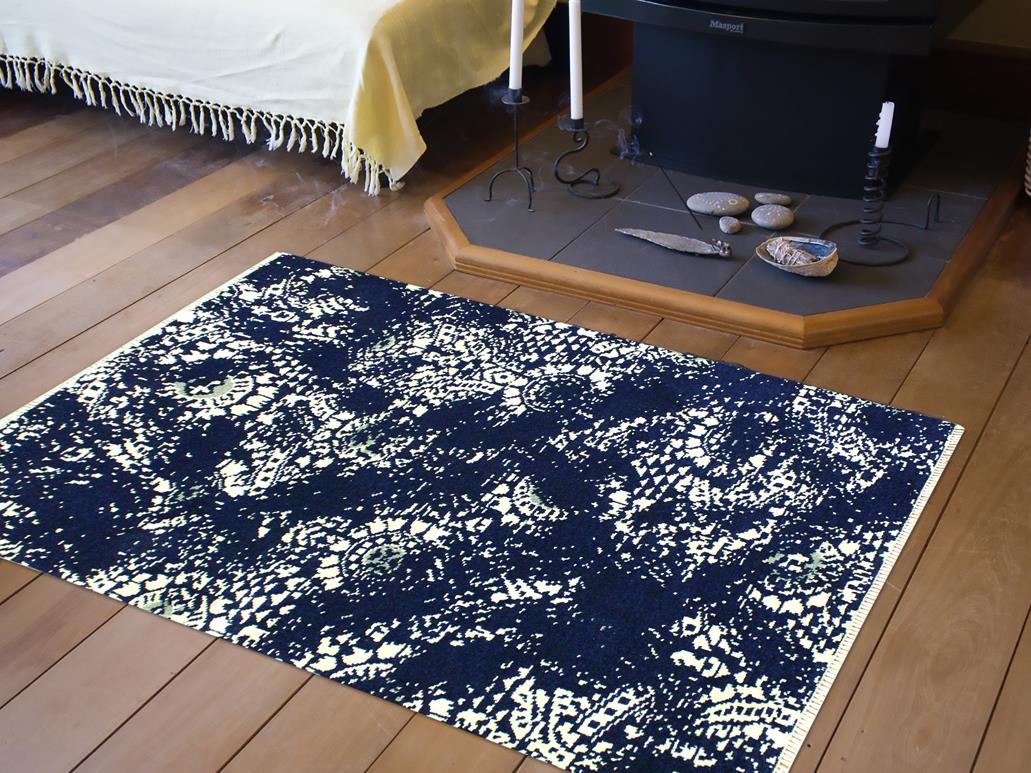 handmade Modern Abstract Blue Ivory Hand Knotted RECTANGLE WOOL&SILK area rug 4 x 6