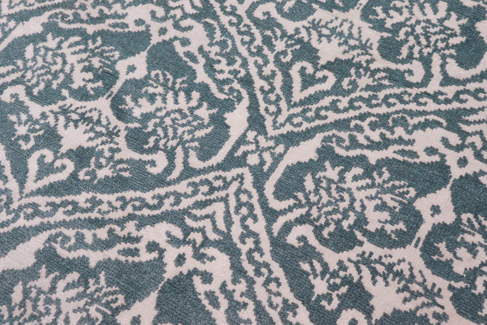 handmade Modern Round Kafkaz Green Ivory Hand Knotted ROUND WOOL&SILK area rug 6' x 6'