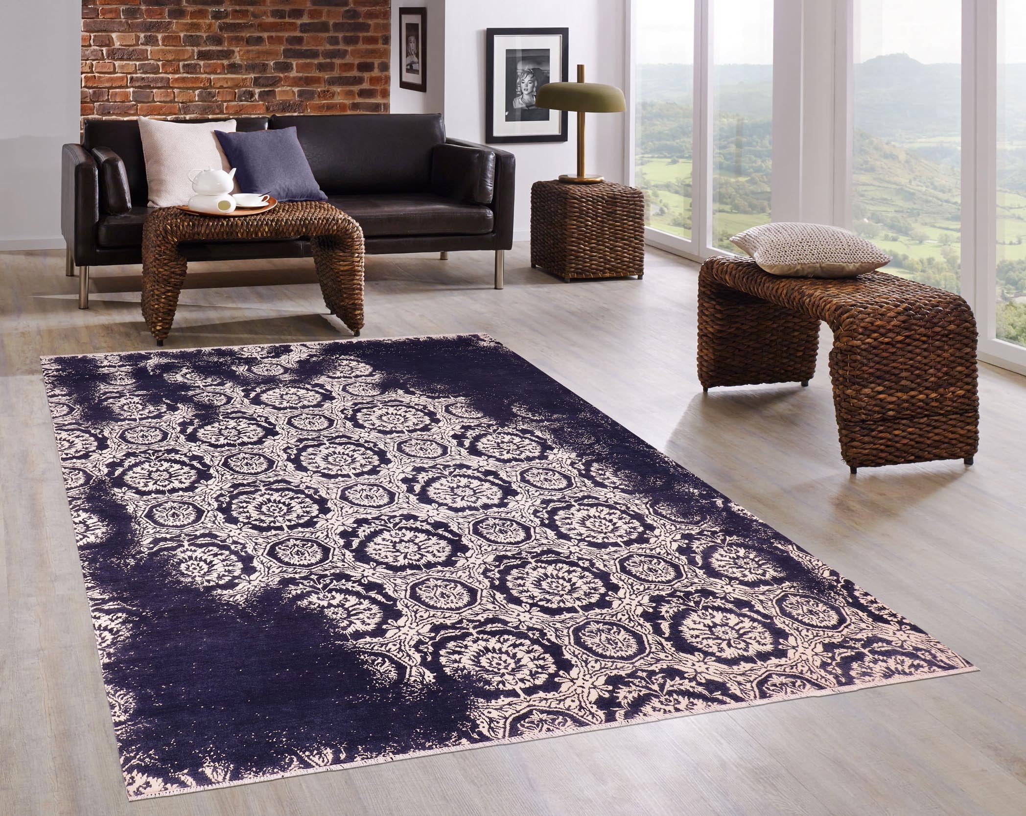 handmade Modern Abstract Blue Beige Hand Knotted RECTANGLE WOOL&SILK area rug 9' x 12'