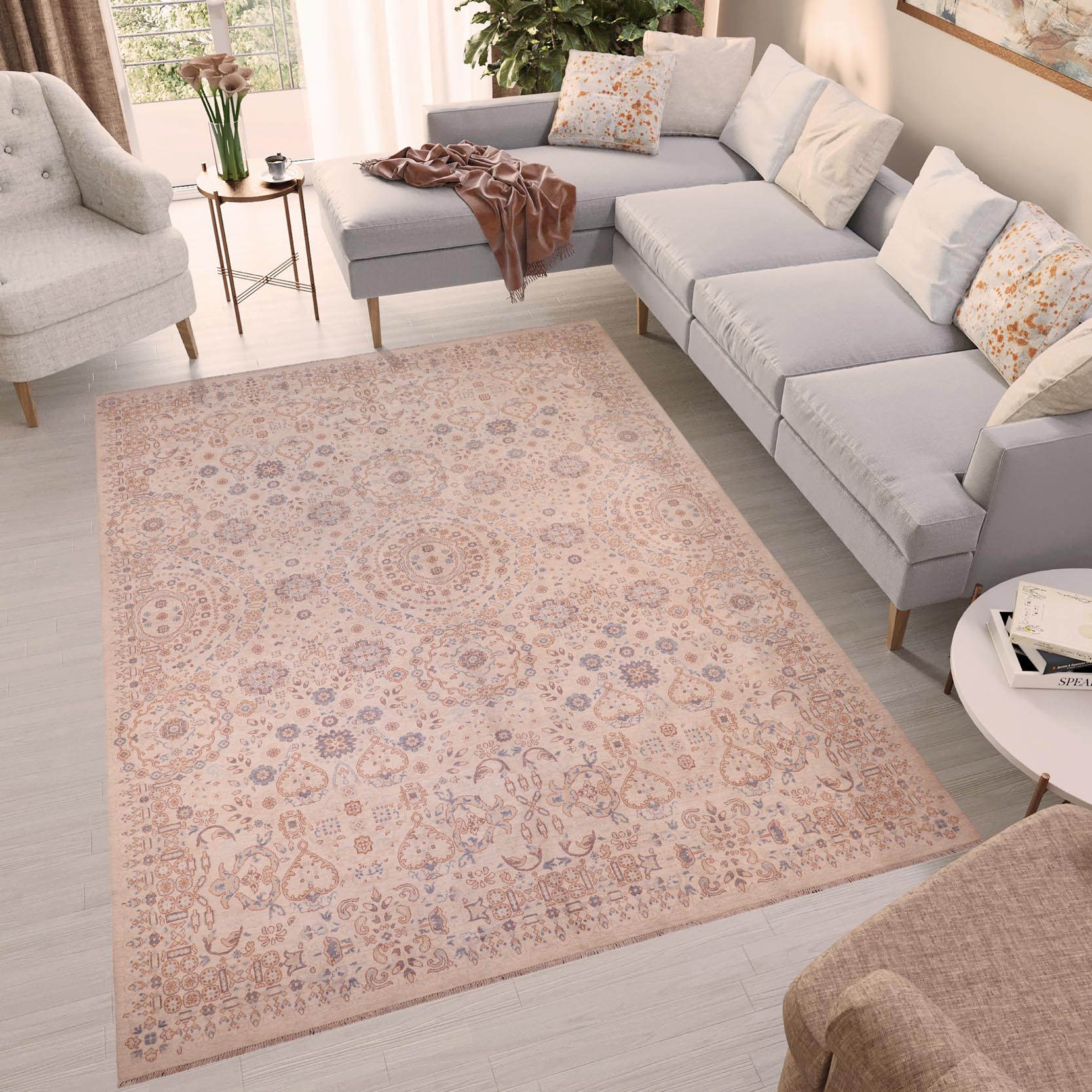 handmade Modern Kafkaz Ivory Pink Hand Knotted RECTANGLE 100% WOOL area rug 9' x 12'