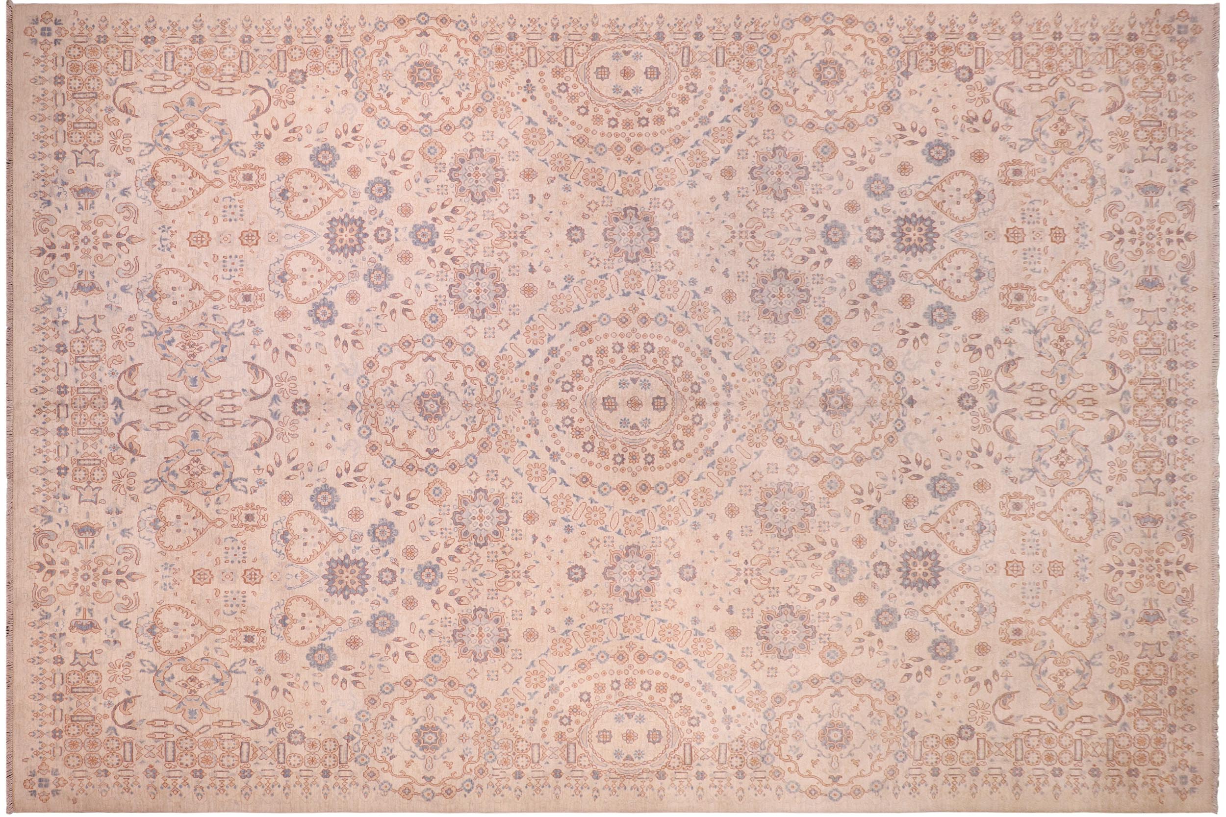 handmade Modern Kafkaz Ivory Pink Hand Knotted RECTANGLE 100% WOOL area rug 9' x 12'
