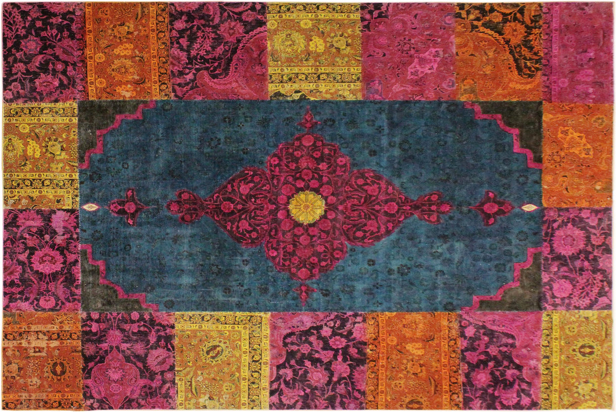 8x10 hand knotted overdyed wool rug in green and magenta - Artisan Overdyed Keven