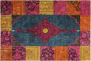 8x10 hand knotted overdyed wool rug in green and magenta - Artisan Overdyed Keven
