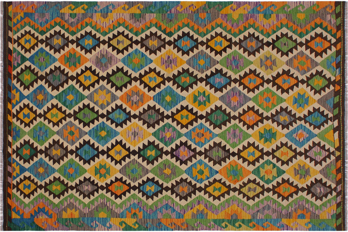 6x8 hand woven Turkish Kilim wool rug in brown and beige - Ethnic Almeda Turkish