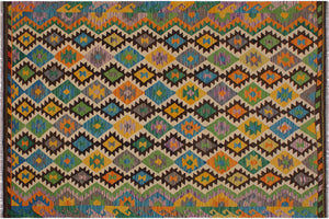 6x8 hand woven Turkish Kilim wool rug in brown and beige - Ethnic Almeda Turkish