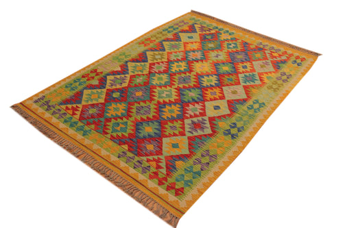 handmade Geometric Kilim Gold Red Hand-Woven RECTANGLE 100% WOOL area rug 5 x 7