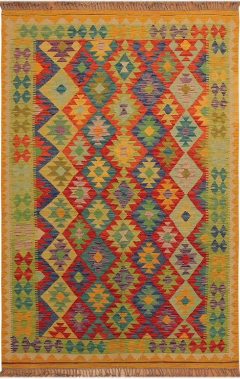 Flat Weave Kilim Antique Navaho Vintage handmade Geometric Kilim Gold Red Hand-Woven Rectangle 100% Wool Area Rug 5x7 