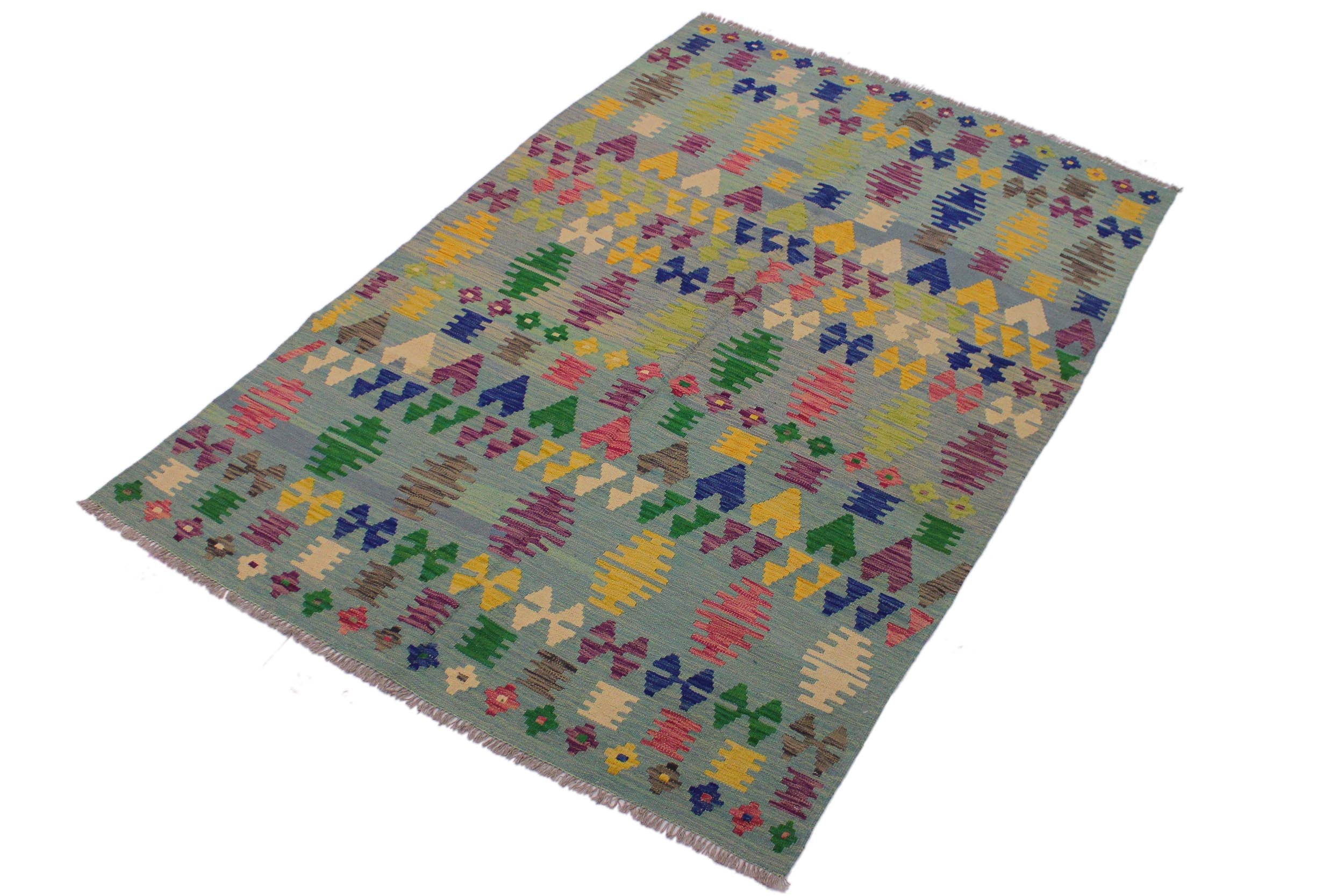handmade Modern Kilim Gray Blue Hand-Woven RECTANGLE 100% WOOL area rug 5x7