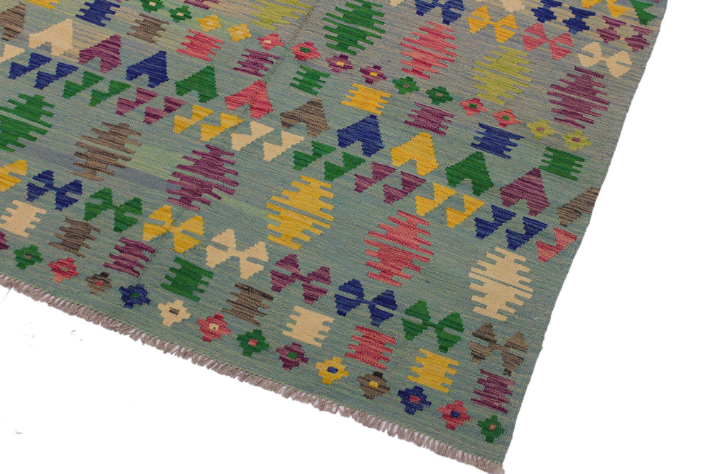 handmade Modern Kilim Gray Blue Hand-Woven RECTANGLE 100% WOOL area rug 5x7