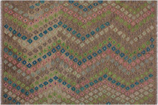 handmade Modern Kilim Gray Green Hand-Woven RECTANGLE 100% WOOL area rug 6x8