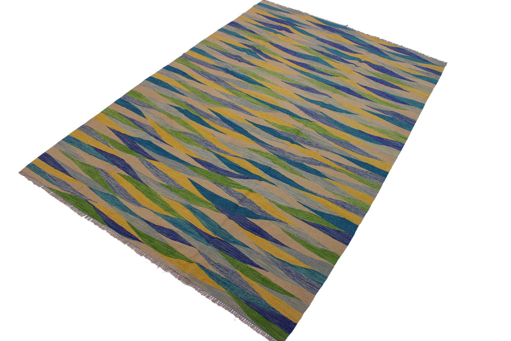 handmade Modern Kilim Blue Gray Hand-Woven RECTANGLE 100% WOOL area rug 7x10