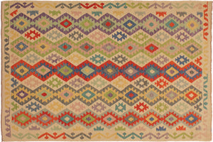 7x10 hand woven Turkish Kilim wool rug in beige and red - Chic Sylvie Turkish