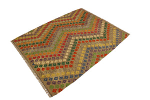 handmade Modern Kilim Brown Green Hand-Woven RECTANGLE 100% WOOL area rug 5x7