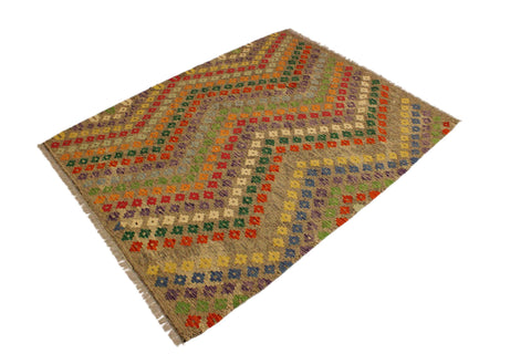 handmade Modern Kilim Brown Green Hand-Woven RECTANGLE 100% WOOL area rug 5x7