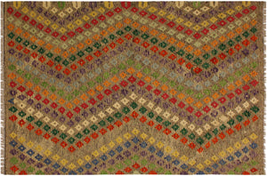 handmade Modern Kilim Brown Green Hand-Woven RECTANGLE 100% WOOL area rug 5x7