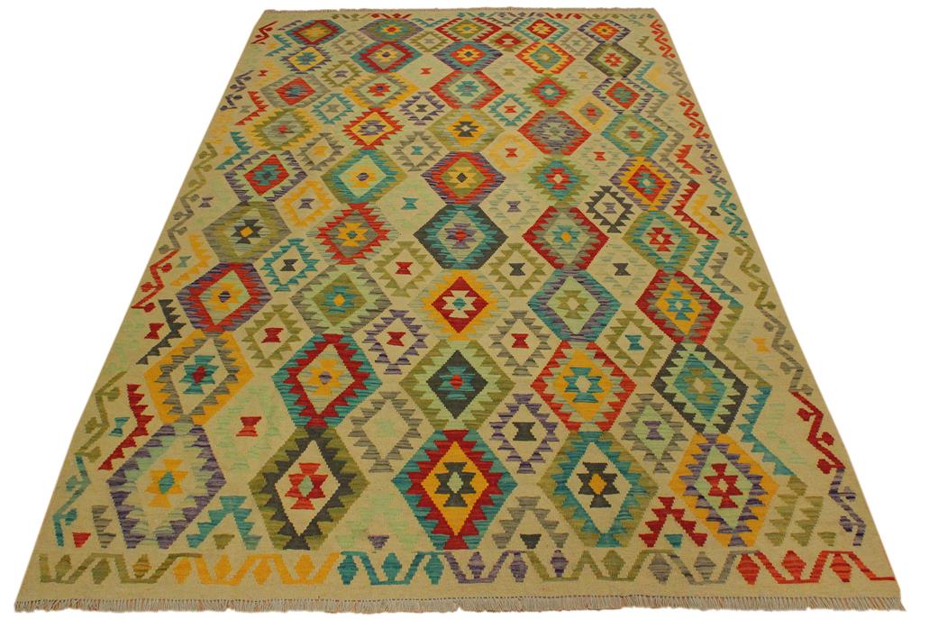 Flat Weave Kilim Antique Navaho Vintage handmade Geometric Kilim Beige Red Hand-Woven Rectangle 100% Wool Area Rug 7x10 