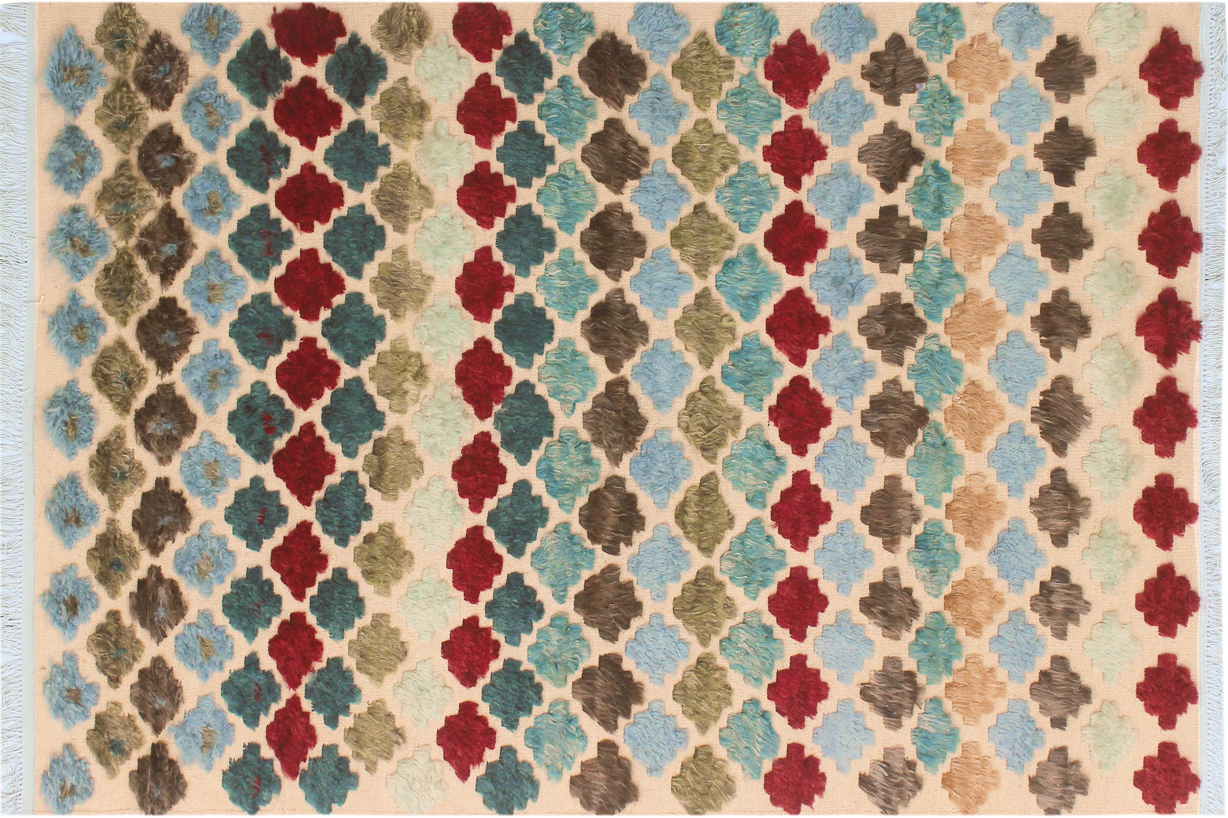 handmade Geometric Moroccan Hi Beige Blue Hand Knotted RECTANGLE 100% WOOL area rug 5' x 8'