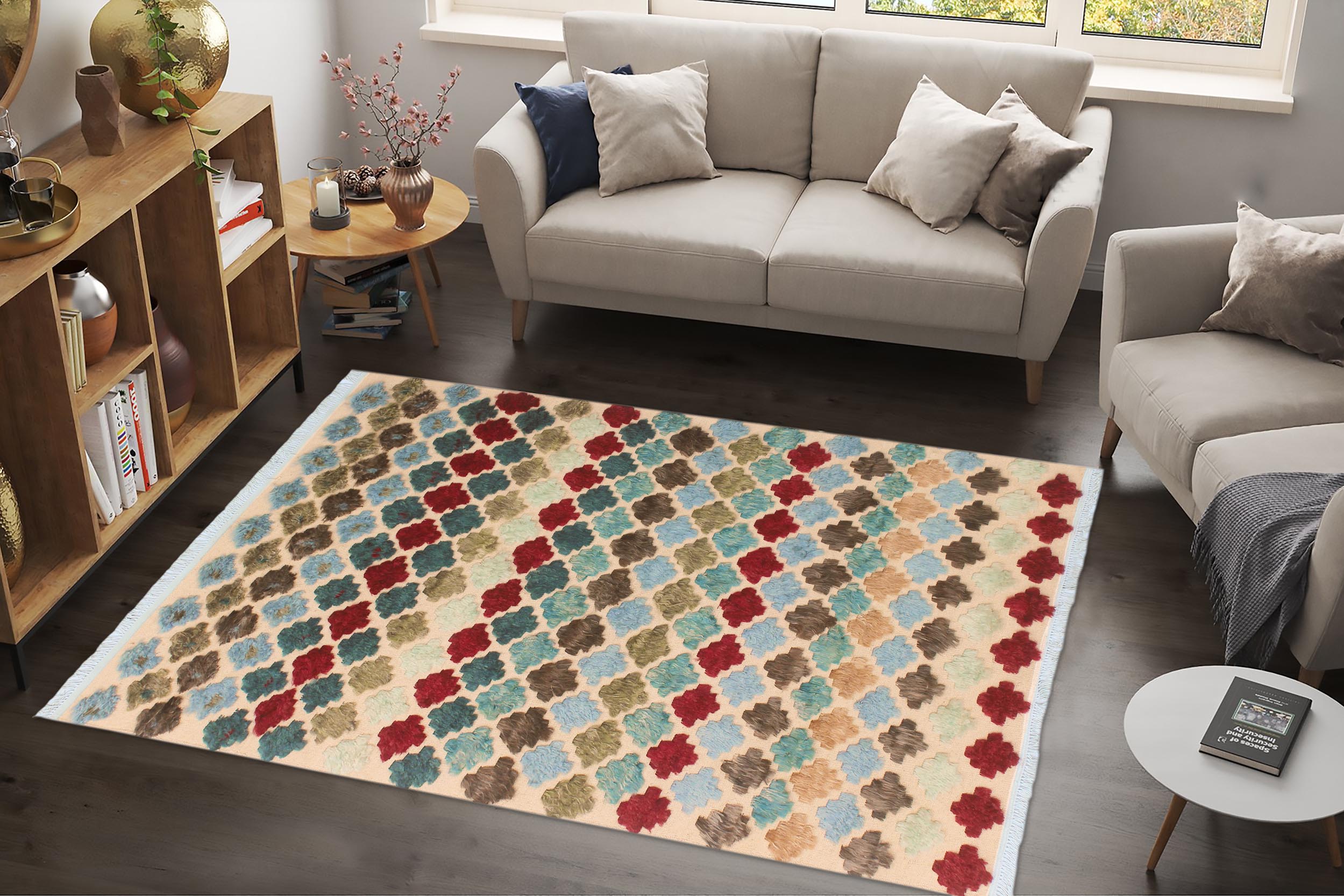 handmade Geometric Moroccan Hi Beige Blue Hand Knotted RECTANGLE 100% WOOL area rug 5' x 8'