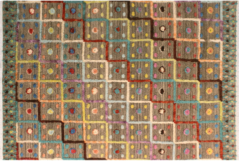 Moroccan Tribal Wai Tan/Blue Wool Rug - 8'2'' x 10'3''