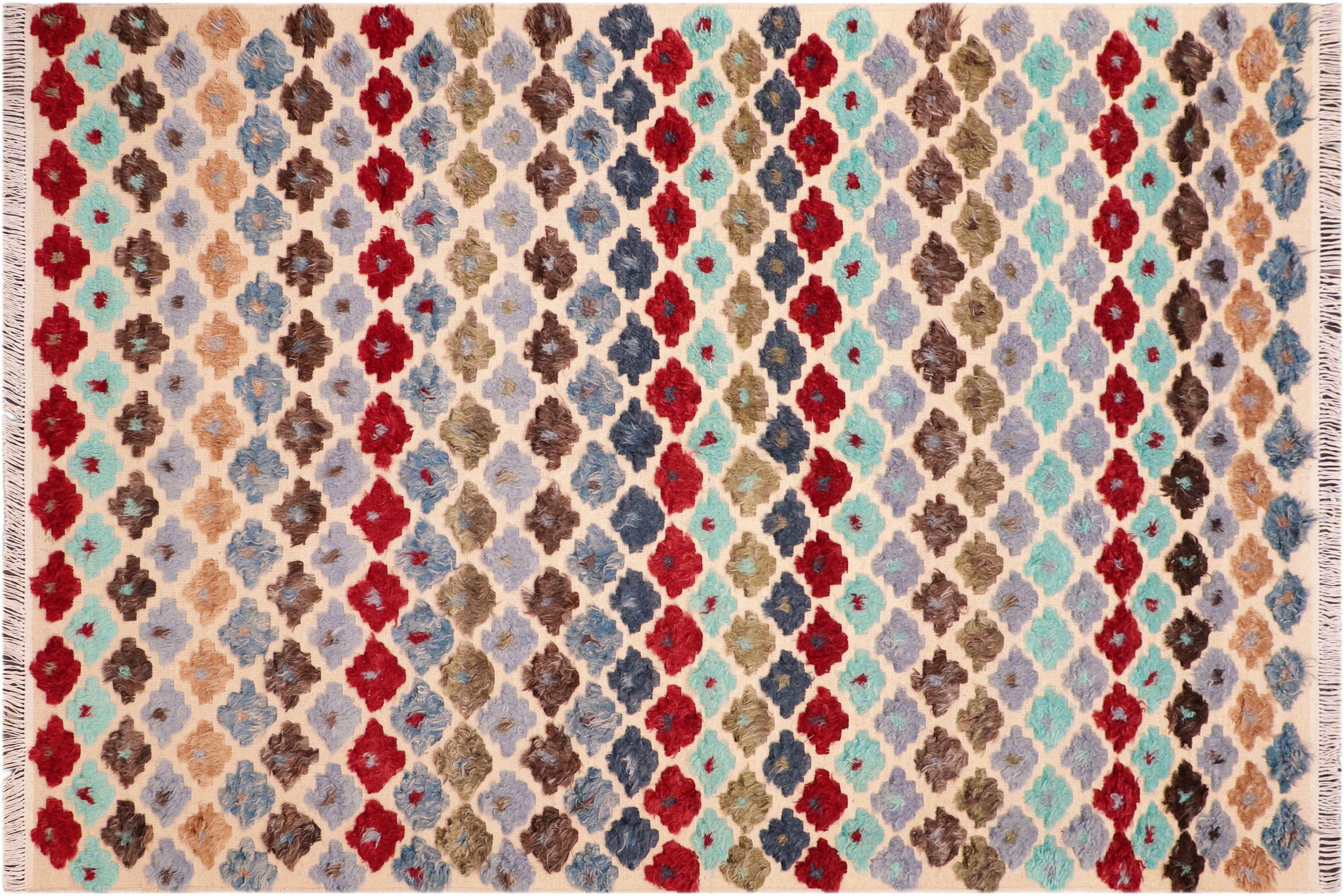handmade Geometric Moroccan Hi Beige Blue Hand Knotted RECTANGLE 100% WOOL area rug 6' x 9'