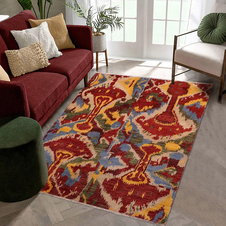 handmade Modern Ikat Red Ivory Hand Knotted RECTANGLE 100% WOOL area rug 5 x 8