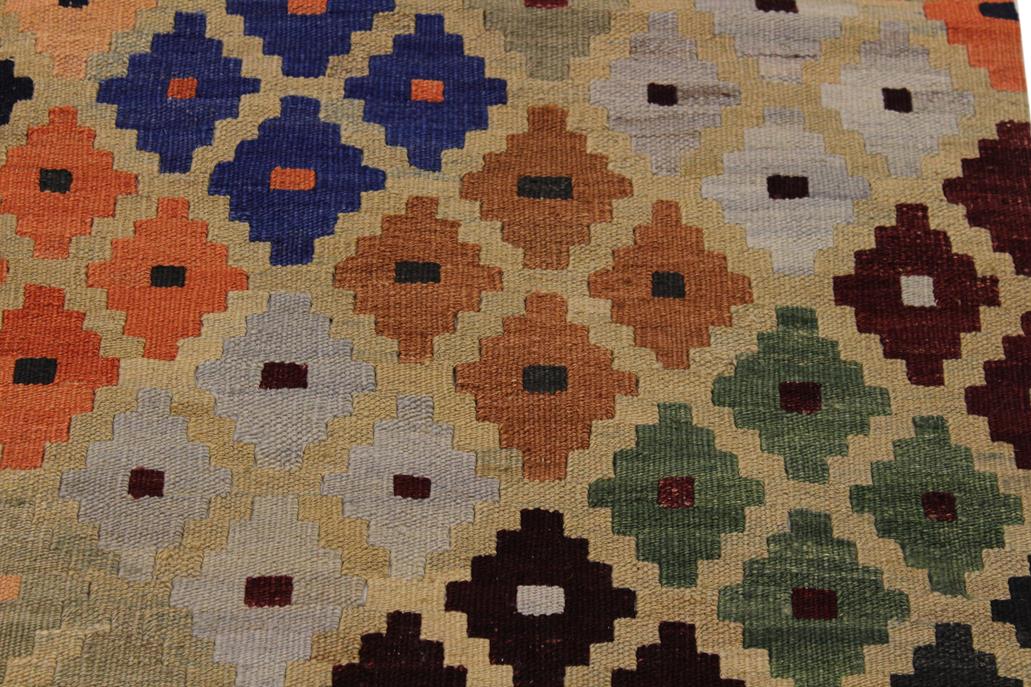 Flat Weave Kilim Antique Navaho Vintage handmade Modern Kilim Tan Blue Hand-Woven Rectangle 100% Wool Area Rug 5x7 