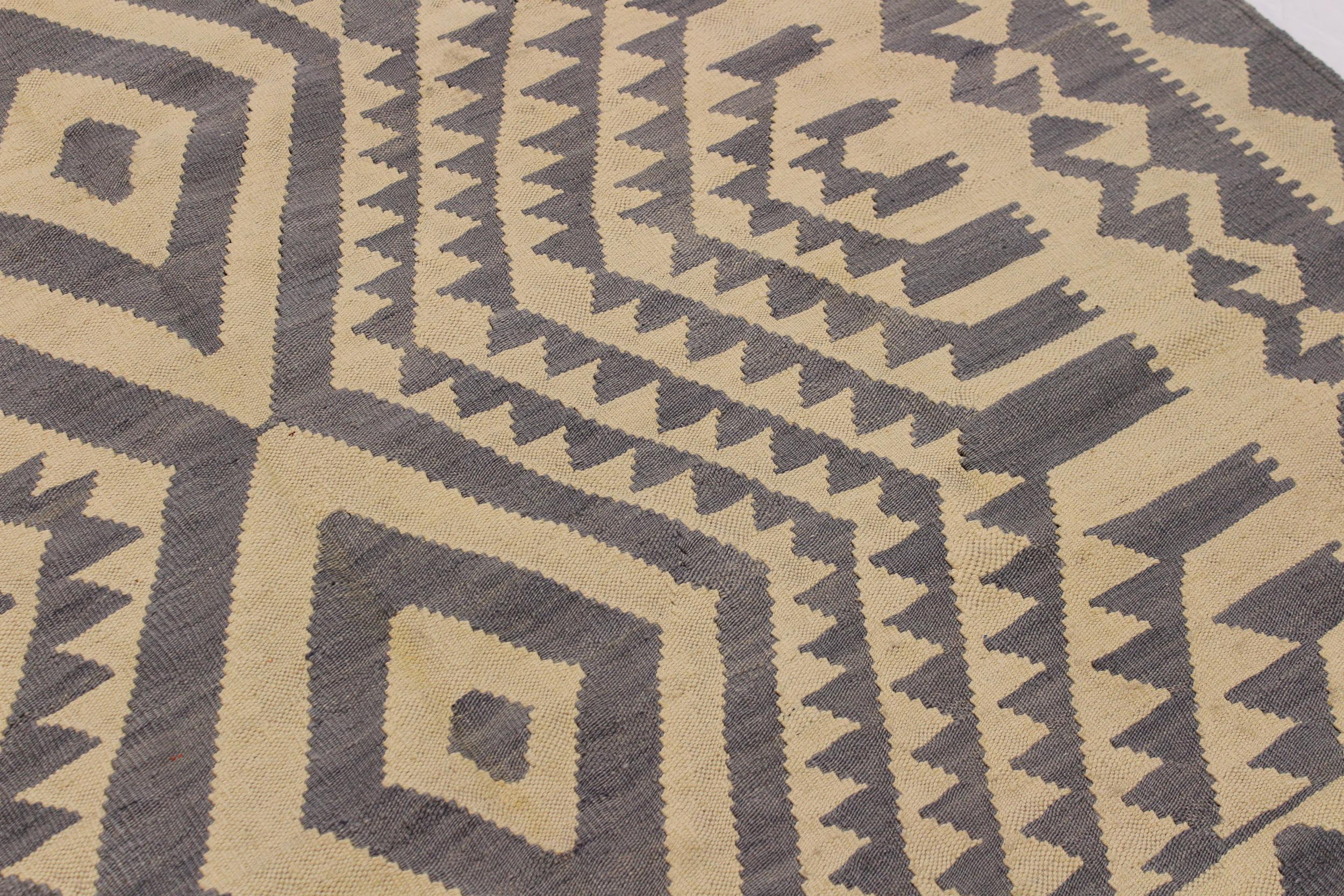 handmade Modern Kilim Gray Tan Hand-Woven RECTANGLE 100% WOOL area rug 6' x 8'