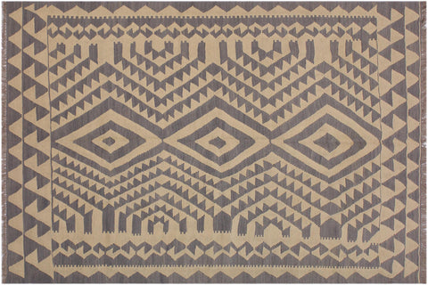 handmade Modern Kilim Gray Tan Hand-Woven RECTANGLE 100% WOOL area rug 6' x 8'