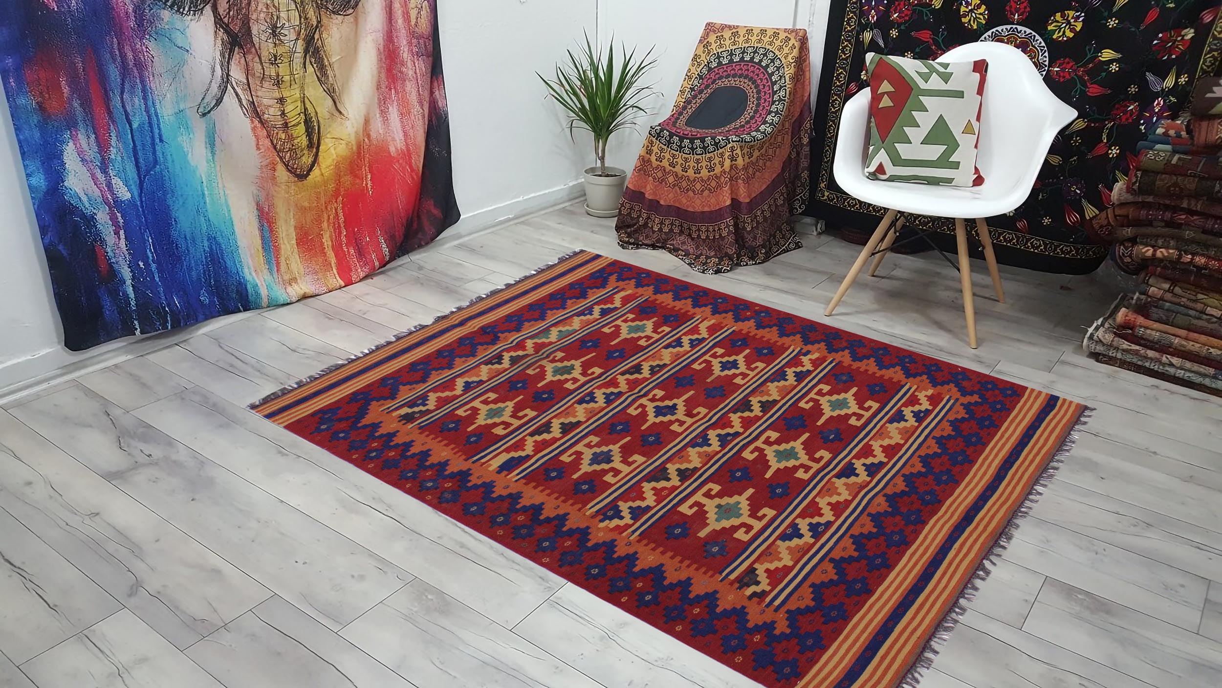 handmade Geometric Kilim Red Blue Hand-Woven RECTANGLE 100% WOOL area rug 4' x 7'
