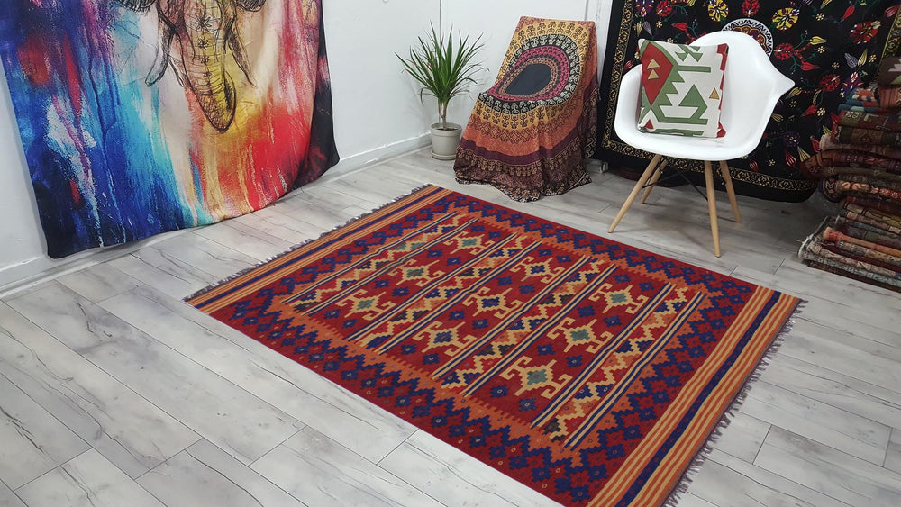 handmade Geometric Kilim Red Blue Hand-Woven RECTANGLE 100% WOOL area rug 4' x 7'