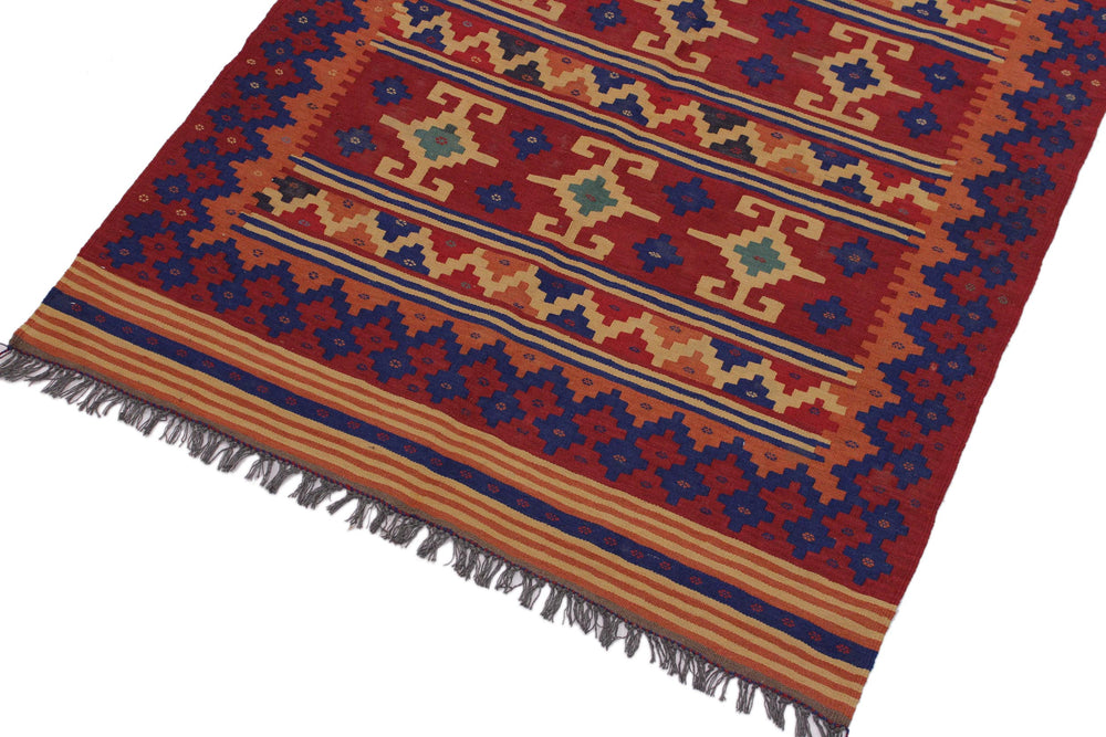 handmade Geometric Kilim Red Blue Hand-Woven RECTANGLE 100% WOOL area rug 4' x 7'