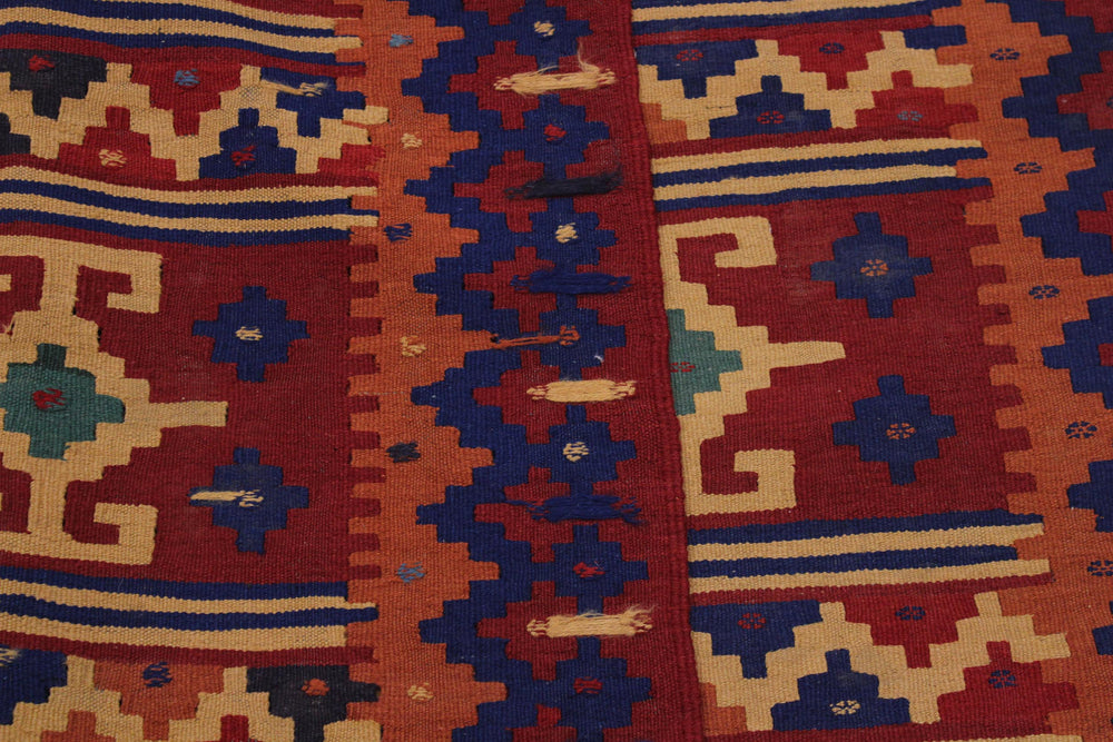 handmade Geometric Kilim Red Blue Hand-Woven RECTANGLE 100% WOOL area rug 4' x 7'
