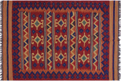 handmade Geometric Kilim Red Blue Hand-Woven RECTANGLE 100% WOOL area rug 4' x 7'