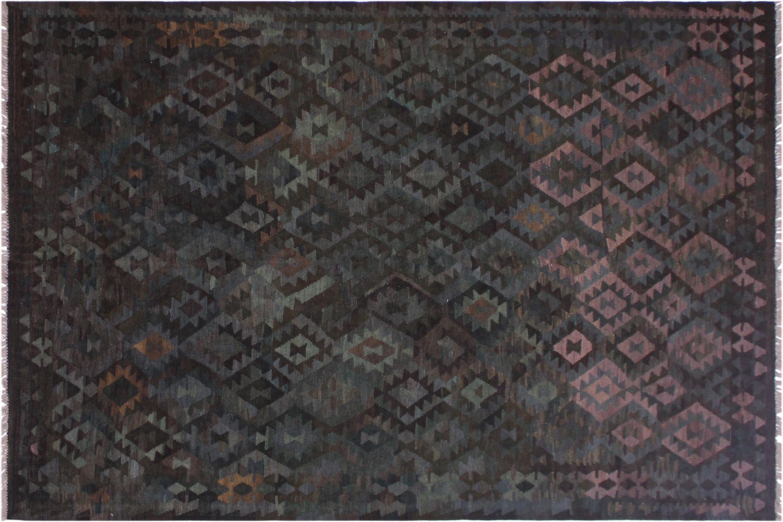 handmade Modern Kilim Brown Green Hand-Woven RECTANGLE 100% WOOL area rug 7' x 10'