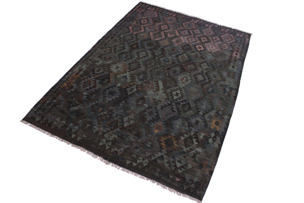 handmade Modern Kilim Brown Green Hand-Woven RECTANGLE 100% WOOL area rug 7' x 10'
