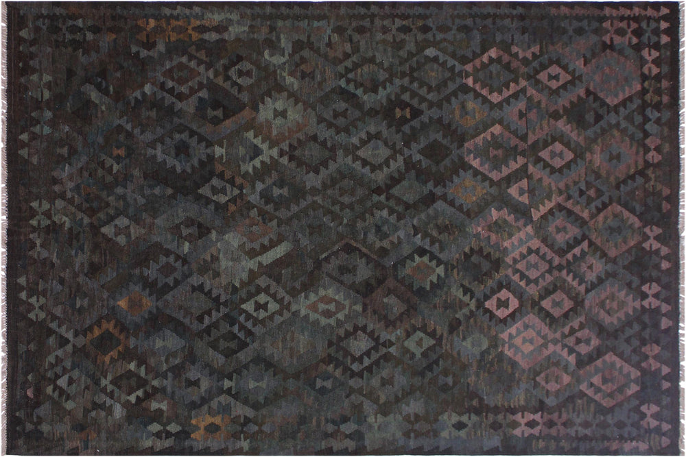 handmade Modern Kilim Brown Green Hand-Woven RECTANGLE 100% WOOL area rug 7' x 10'