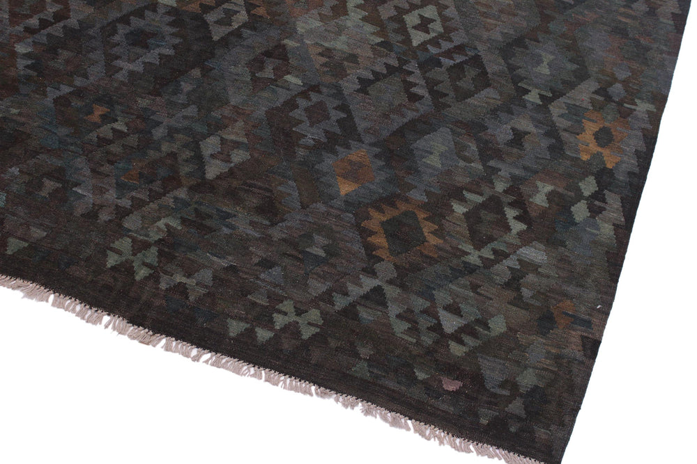handmade Modern Kilim Brown Green Hand-Woven RECTANGLE 100% WOOL area rug 7' x 10'